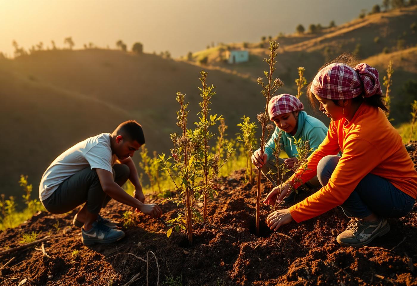 Volunteers planting saplings on a Talla hillside